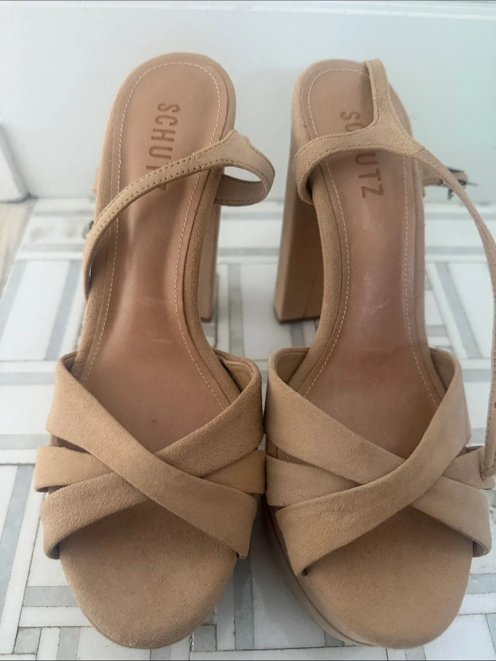 SCHUTZ Tan Suede Crisscross Platform Heels